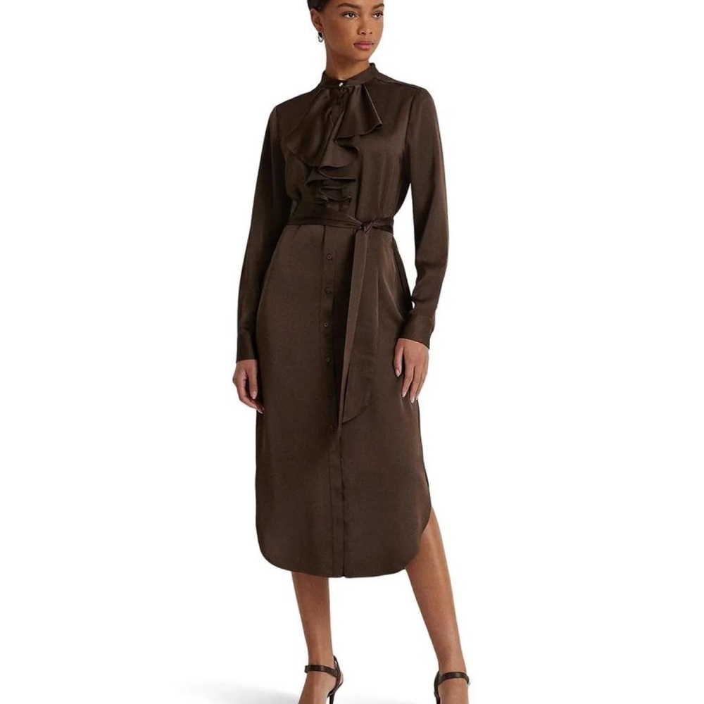 Ralph Lauren Women’s Brown Ruffle Tie-Neck Midi Dress